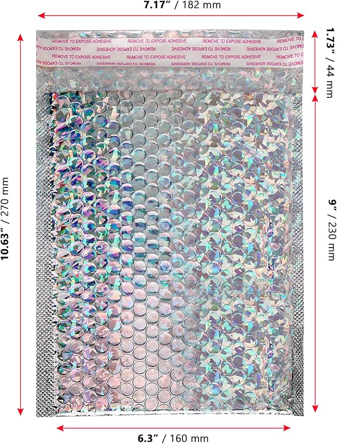 SINJEUN 50 Pieces 6 x 10 Inch Holographic Bubble Mailers, Silver Metallic Padded Bubble Mailers, Glamour Self Sealing Cushion Envelopes for Mailing, Shipping and Packing