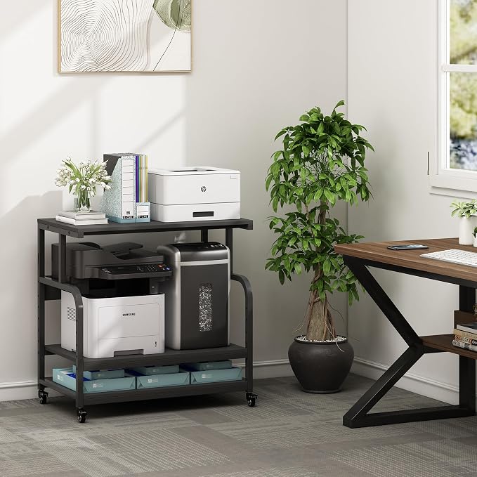 Fannova 32.3"x18.9" Extra Large Printer Stand with Adjustable Storage Shelf | 3 Tier Wide Printer Table for Multiple Printers, Heavy Duty Printer Cart with Industrial Wheels, Home Office Furniture, Black