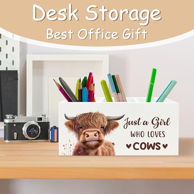 Highland Cow Pen Pencil Holder Organizer for Desk, Highland Cow Gifts for Women Girls, Just a Girl Who Loves Cows Farmhouse Wooden Box Block Sign for Home Classroom Dorm Office Tabletop Decor