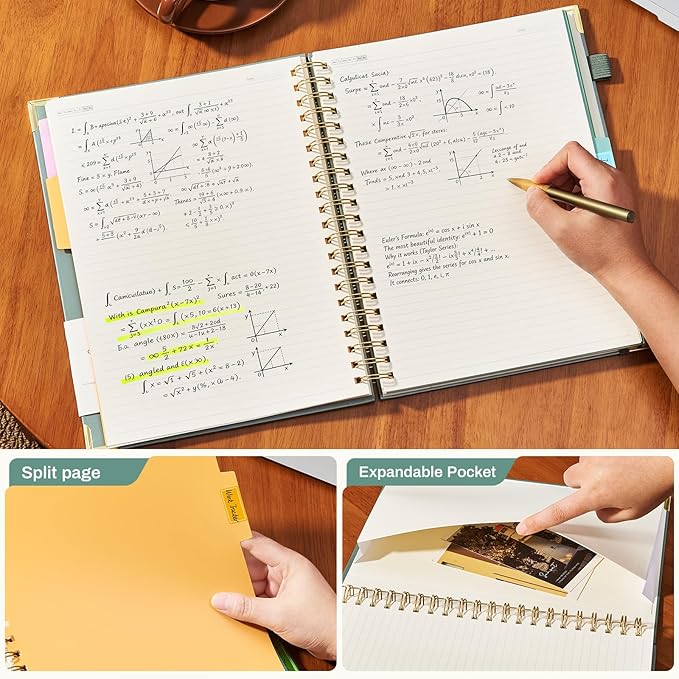 Hardcover Spiral Notebooks 8.5" X 11" Note Taking 5 Subject Notebook College Ruled with Dividers 240 Pages 100GSM Aesthetic Spiral Notebook for Work School Cute Journals for Women Writing, Light Green