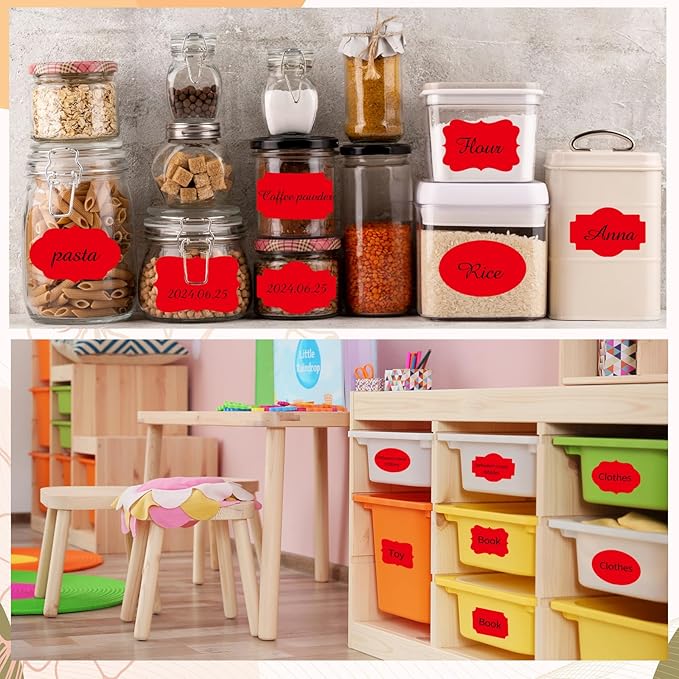 Red Labels - 250 PCS 3" x 2" Fancy Shape Stickers for Storage Box or Food Jars