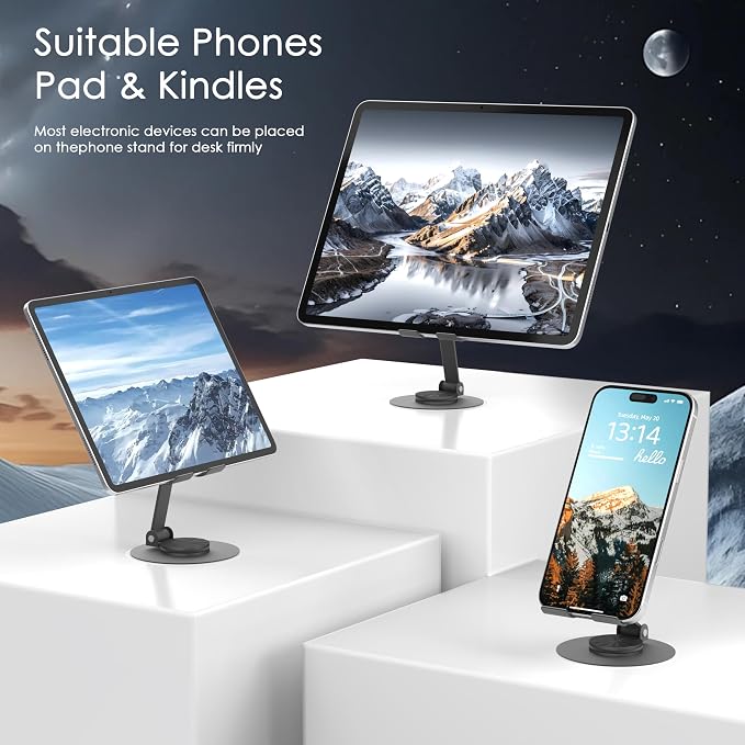 Metal Cell Phone Stand for Desk, Multi-Angel Adjustable 360° Rotation Desktop Phone Holder and Foldable Mobile Phone Stand, Compatible with iPhone 17 16 Pro Max and All Smartphones, Gray