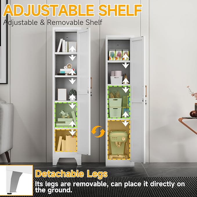 67"H White Metal Locker with 1 Lockable Door and 4 Adjustable Shelves For Employees, 5 Tier Thin Storage Cabinet with Detachable Legs and Gold Handle for Kitchen,Office,Gym,School,Easy Assembly 2Pcs