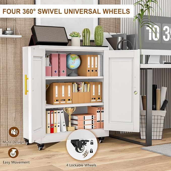 36" Metal File Garage Storage Cabinet with Lock and Wheels,Rolling Steel Locker Organizer,Office File Cabinet with 2 Doors and 2 Adjustable Shelves,Tool Cabinets for Home Office,Gym,School (White)