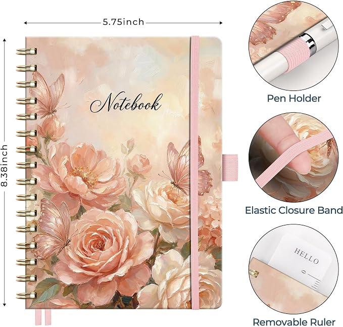 AHGXG Spiral Journal Notebook, 160 Lined Pages, A5 Size (5.7'' x 8.3'') | for Women, Journaling, Writing, Work & Office, Hardcover, 100 GSM Thick Paper (Pink Rose Butterfly)