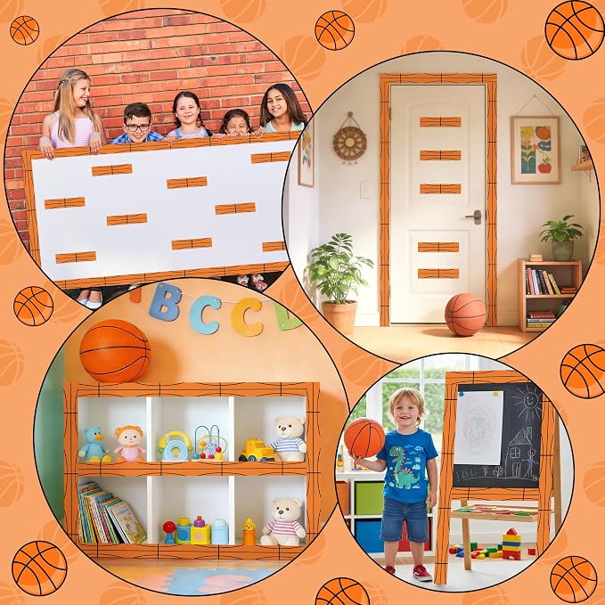 BeYumi Basketball Sport Border Trim - 65ft Back to School Basketball Patterned Straight Rolled Border Trim Orange Basketballs Die Cut Sports Bulletin Board Party School Classroom Chalkboard Wall Decor