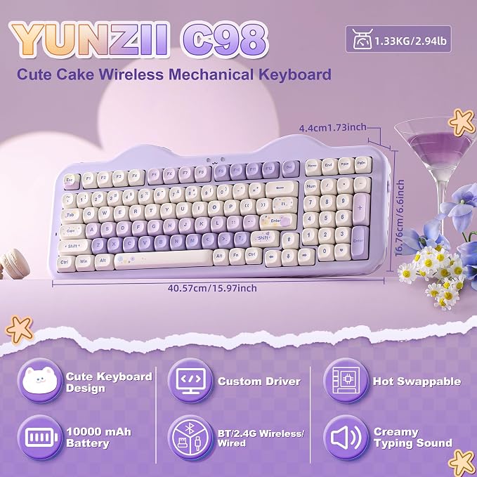 YUNZII C98 Cute Cake Wireless Mechanical Keyboard (Purple, Candy Switch) | 99 Keys with Number Pad, Hot Swap, PBT MOA Keycaps, BT5.0/2.4G/USB-C, Gasket Mount, Custom RGB Backlit for Win/Mac