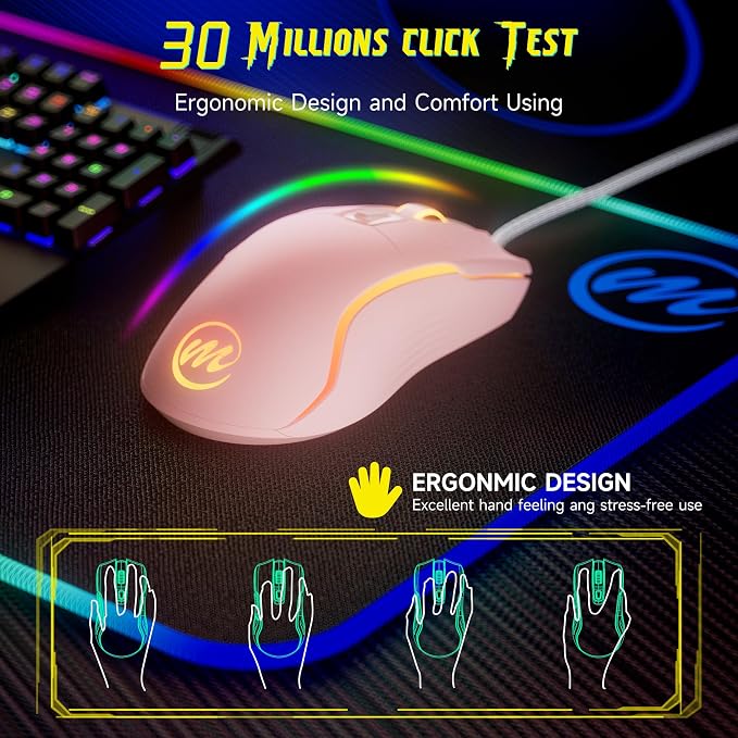 memzuoix Wired Gaming Mouse with RGB - 6 Adjustable DPI up to 12800, 6 Buttons, 12 Lighting Modes, Ergonomic Design with Anti-Slip Rubber Wheel, 5.6ft Braided Cable for PC/Mac/Windows - Pink