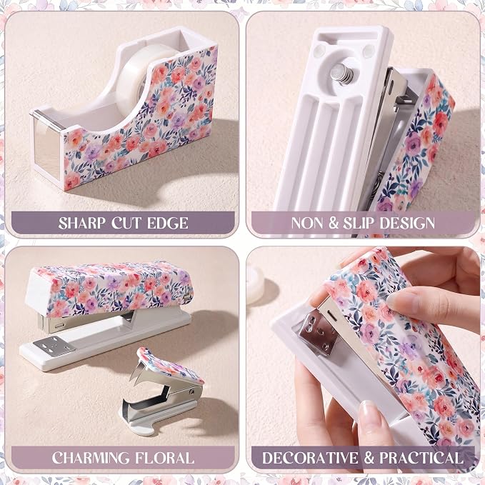 Eaasty Floral Stapler and Tape Dispenser Set for Women, Rose | Cute Office Supplies Set with 2 Tape Rolls, Staple Remover and 1000pcs 24/6 Staples, Teacher Desk Accessories for Women