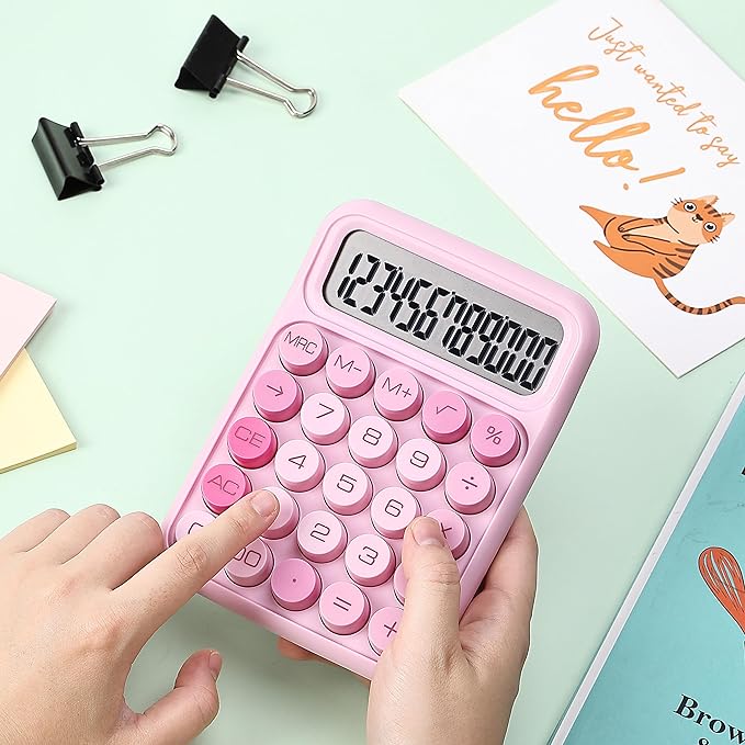 Mr. Pen- Mechanical Switch Calculator - 12 Digit Large LCD Display, Pink with Big Buttons