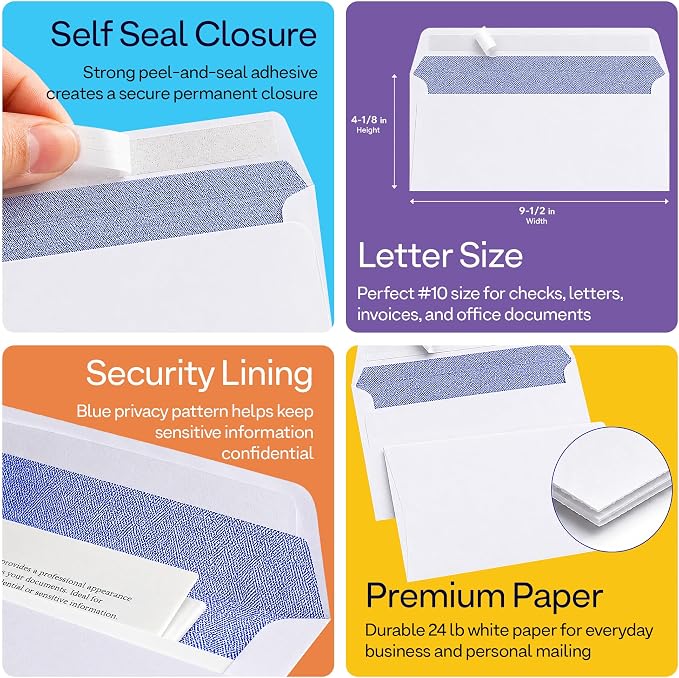 #10 Security Envelopes Letter Size Self Seal, 500 Count, Windowless Security Tinted, 4-1/8" x 9-1/2", Business Mailing Envelopes for Home Office School Documents