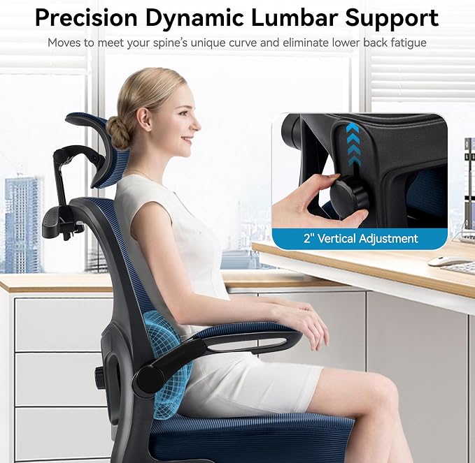 Office Chair Ergonomic Desk Chairs with Adjustable Lumbar Support& Headrest Hanger, High Back Breathable Mesh Chair with Wheels, Rolling Swivel Comfy Task Computer Chair for Home Work Gaming