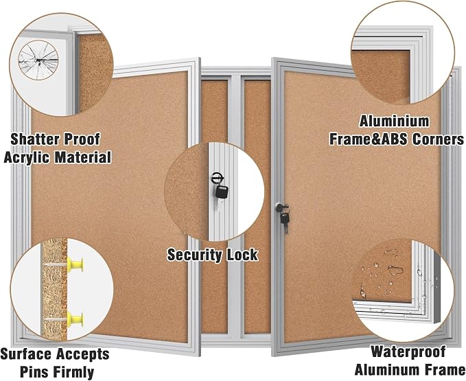 Mifuro 48"x30" Enclosed Bulletin Board, Outdoor Lockable Weather-Resistant Aluminum Cork Noticeboard for School & Office, Silver Frame w/Cork