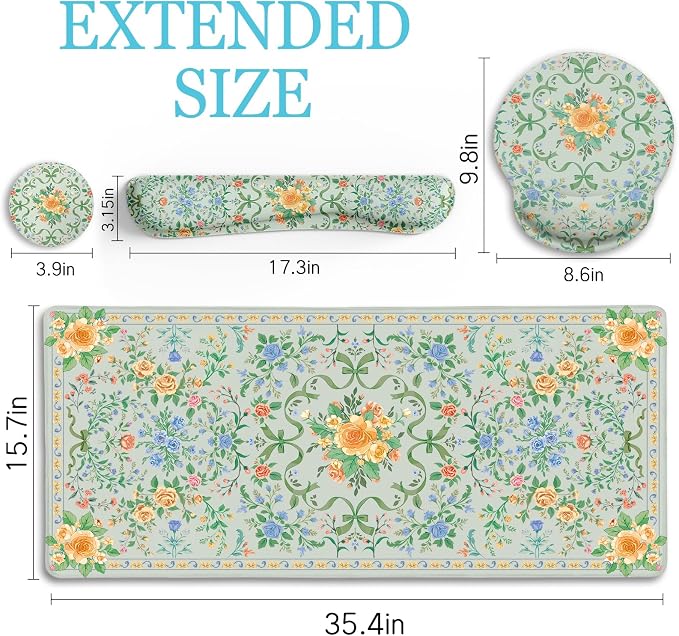 LIMKRIAN Floral Desk Mat Set, Cute Green Mouse Pad with Gel Wrist Rest | Ergonomic Shape Design, XXL Large Desk Pad Stitched Edges, Keyboard Wrist Support, Coaster, Desk Accessories Decor for Women