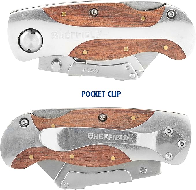 Sheffield 12115 Folding Utility Knife, Stocking Stuffers, Gifts for Men, Dad Gifts, Quick-Change Utility Knife Blades, Lightweight Hardwood Handle, Box Cutter, Cardboard Cutter