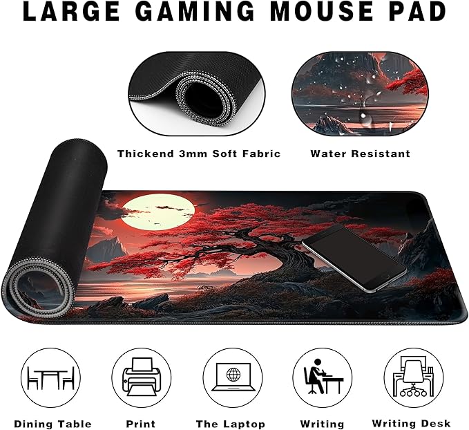Long Gaming Mouse Pad Extended Anime Large Desk Pad with Non-Slip Base Full Keyboard Mat with Stitched Edges for Gaming and Office 31.5 x 11.8 inches (Night Cherry Blossom)