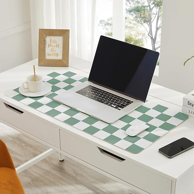 Checkered Desk Mat, Large Cute Aesthetic Retro PU Leather Computer Laptop Desk Mat, Non-Slip Waterproof Mouse Keyboard Pad, Desk Writing Mat for Work/Home (Sage, 31.5" x 15.7")