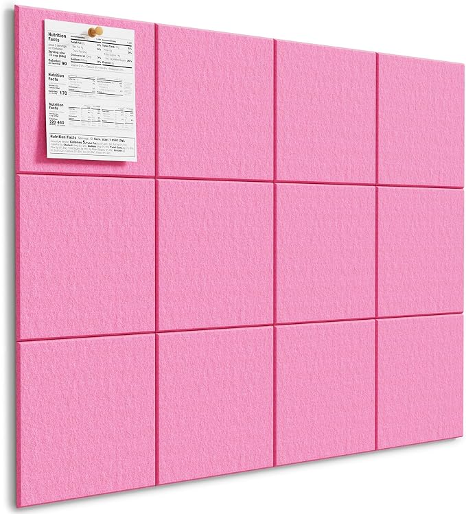 MaxGear Felt Bulletin Board 48" x 36", Pink Felt Wall Tiles Wall Decor | Modern Cork Board For Office Alternative, 12 Pack 11.8" x 11.8" Wall Panels With Push Pins, Vision Board Office & Home Decor