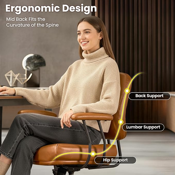 ovios Home Office Chair with Thick Cushion, Mid-Century Modern Faux Leather Ergonomic Chairs, Mid Back Swivel Rolling Computer Executive Armchair (Brown, PU Leather)