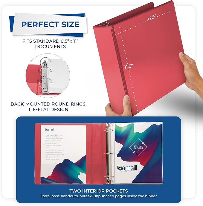 Samsill 3 Inch 3 Ring Binders, Economy Round Ring, Clear View Cover, 550 Sheet Capacity - for School, Home, Office - Red, 12 Pack