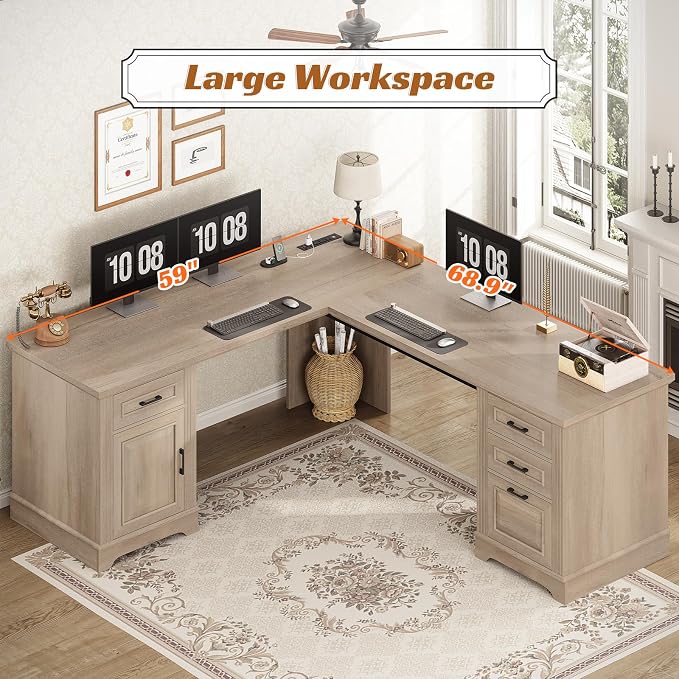 SEDETA Farmhouse 69" Executive L Shaped Desk, Corner Computer Desk with Storage Drawers and Power Outlet, Home Office Desk with File Drawer for Home Office, Oak