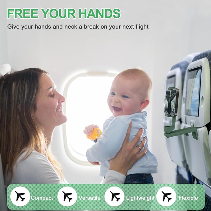 Perilogics Airplane Phone Holder Mount, Plane Travel Essentials (Evergreen) | Universal in Flight Phone Stand, Hands Free, Dual 360° Rotatio, Must Haves Airplane Travel Accessory