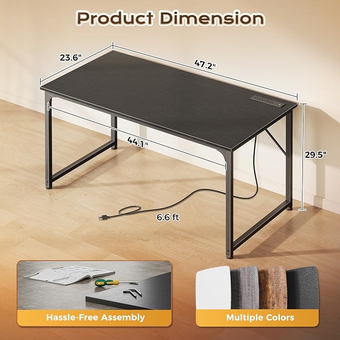 47 X 24 Inch Deeper Desk with Power Outlets | Computer Desk for Bedroom, Office Desk for Work from Home, Writing Study Gaming Table, Stable Metal Frame, Black