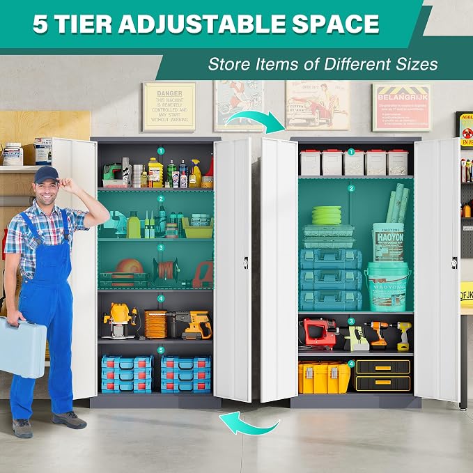 Wide & Deep Metal Storage Cabinet with Shelves,72 inch Tall Garage Storage Cabinet with Lock,Gray White Metal Cabinets with Locking Doors,Large Steel Lockable Cabinets for Home,Office,Shop,Garage