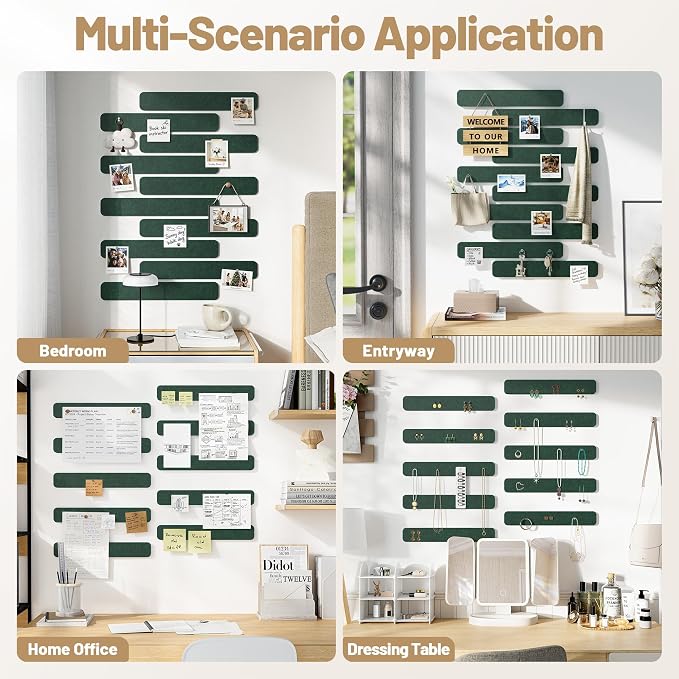 10 Pack 13"x2" Cork Board Strip with Removable Adhesive Squares & Push Pins | Pin Board Alternative Felt Strip Bulletin Board, Felt Board for Photo & Note Display, Home Office Decor - Pine Green