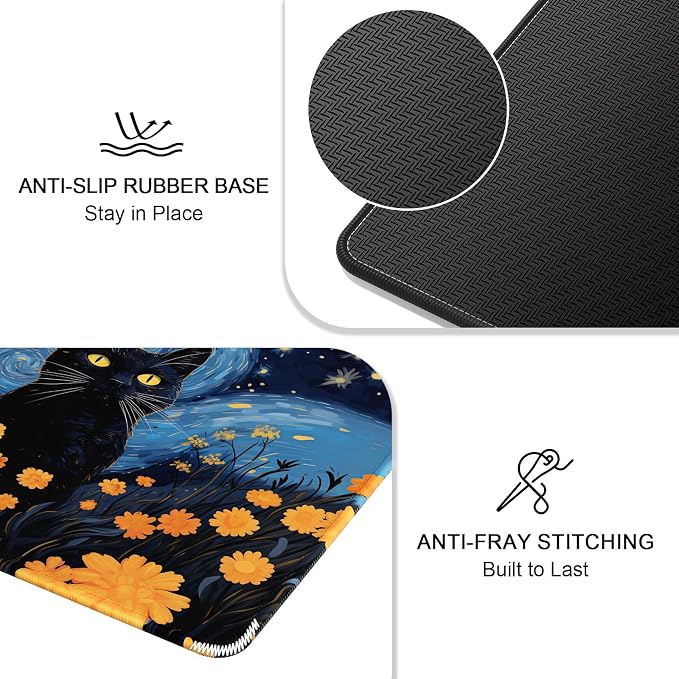 Auhoahsil Mouse Pad, 12 x 10 in Van Gogh Style Cat Theme Computer Mouse Pad for Desk, Premium-Textured Non-Slip Rubber Stitched Edges Waterproof Square Mouse Mat for Gaming Work Wireless Mice