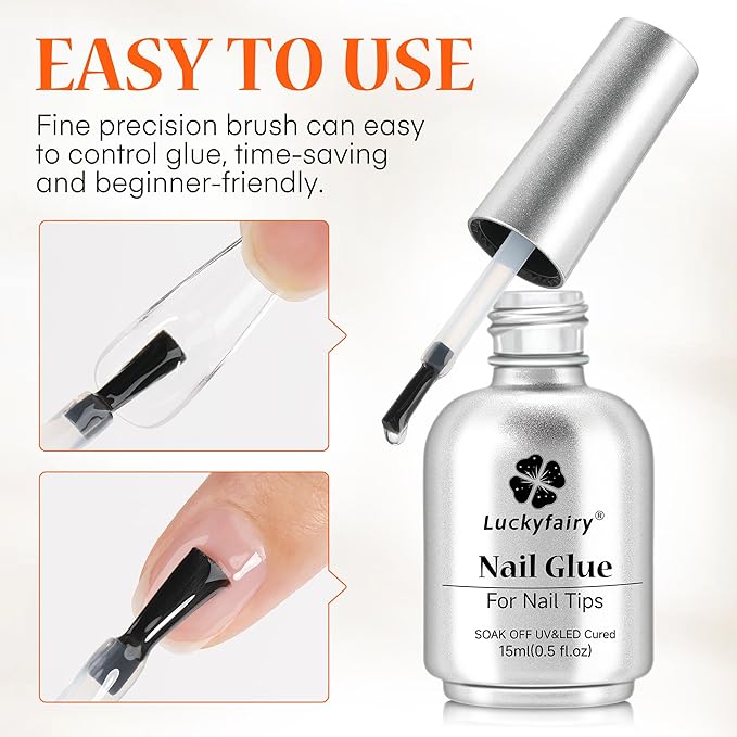 9 in One Nail Glue Gel for Acrylic Nail Tips, Super Strong Long-lasting, Curing Needed U V Extension Glue for Clear Fake Nail Tips, Press ons, Base Gel, 15ml
