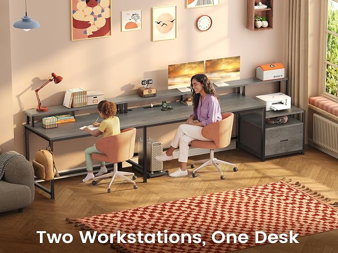 SEDETA 66" Reversible L Shaped Computer Desk with Power Outlet, File Drawer | Home Office Desk with Monitor Shelf, Storage Shelves, LED Lights for Corner Small Spaces, Gaming, Grey
