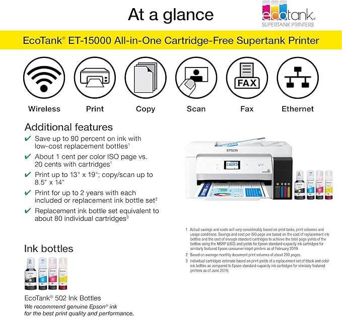 Epson EcoTank ET-15000 Wireless Color All-in-One Supertank Printer with Scanner, Copier, Fax, Ethernet and Printing up to 13 x 19 Inches (Renewed Premium),White