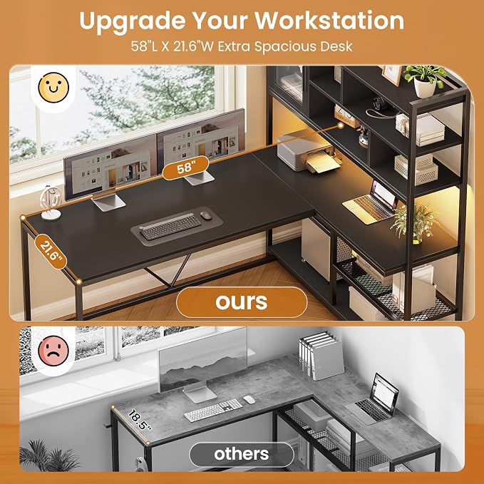 SEDETA L Shaped Computer Desk with Storage Shelves and Bookshelf, Black | 58'' Reversible Office Desk with LED Light, Glass Door Cubby, L Shaped Corner Desk for Gaming, Two Monitors, Small Space
