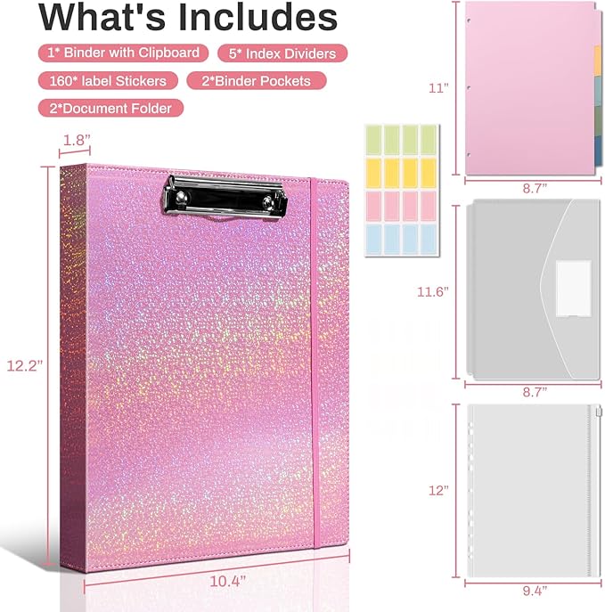 Hardcover 3 Ring Binder 1 Inch Leather Organizer for Letter Size Professional Clipboard with Dividers and Tabs for School and Office Supplies