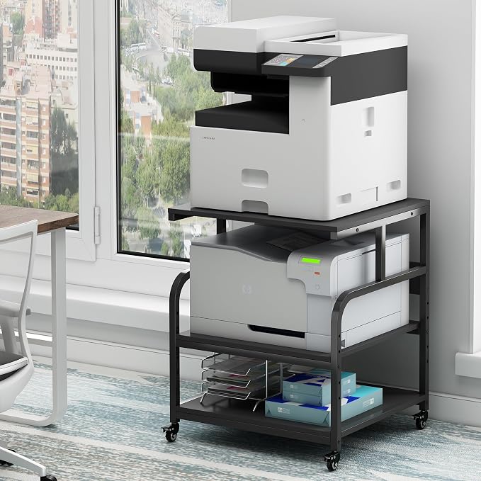 Fannova 25.6"x23.6" Extra Large Printer Stand with Adjustable Storage Shelf | Heavy Duty 3D Printer Table with Metal Frame, 3 Tier Rolling Printer Cart with Industrial Wheels for Home Office, Black