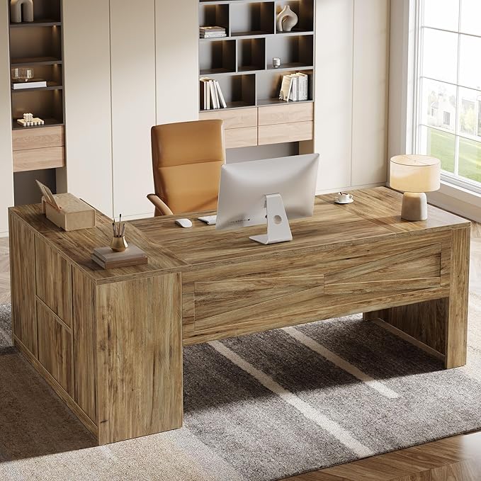 Tribesigns 71" L-Shaped Executive Desk with File Cabinet, Large Office Computer Table with Storage Shelves, Professional Business Furniture Workstation for Home Office, Rustic Brown