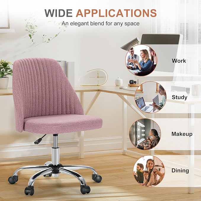 DUMOS Comfy Office Desk Chair, Armless Computer Vanity Chair | Height Adjustable, 360° Rolling Swivel Task with Wheels, Wide Seat, Cute, Home Bedroom, Student, Adults, Dusty Rose