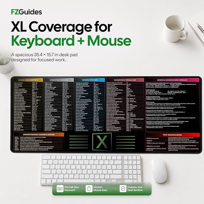 Large Excel Cheat Sheet Desk Pad | Excel Pad Shortcut Keys Mouse Mat - Extended Office Excel Mouse Pad with Excel Shortcuts & Formulas | Waterproof | XL Giant Deskpad for Desk 35.5" x 15.7"