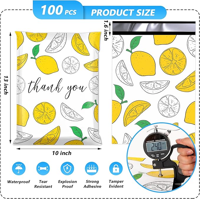 Thank You Poly Mailer 10x13 Inch 100 Pcs, Waterproof and Tear-Resistant Shipping Bags for Clothing, Strong Mailing Bags with Self-Seal, Cute Packaging Bags for Small Business - Lemon