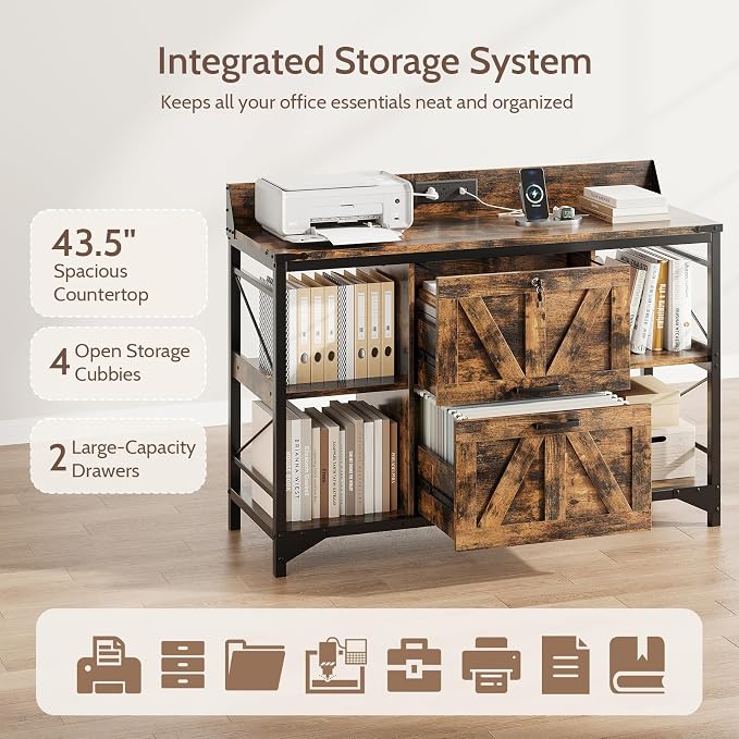 44" File Cabinet, Lateral Filing Cabinet for Home Office with 2 Drawers, Office Storage Cabinet with Lock and Key, Wooden Printer Stand with 4 Storage Shelves, Power Outlets, Bookshelf, Rustic Brown