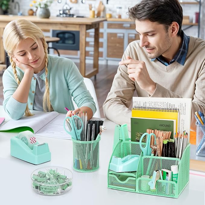 13-in-1 Office Desk Organizer Set for Back to School Supplies Accessories | Organizer Set with Stapler and Tape Dispenser, Pen Holder, Scissors, Ruler, Hole Punch, 2 Pens & More Desk Supplies