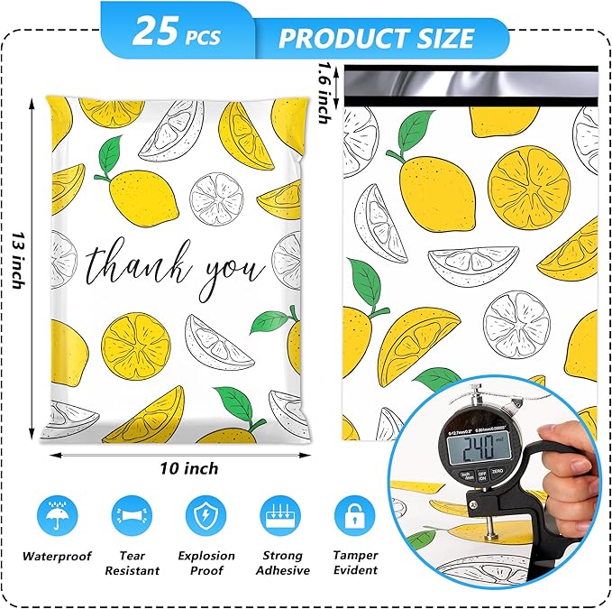 Thank You Poly Mailer 10x13 Inch 25 Pcs, Waterproof and Tear-Resistant Shipping Bags for Clothing, Strong Mailing Bags with Self-Seal, Cute Packaging Bags for Small Business - Lemon