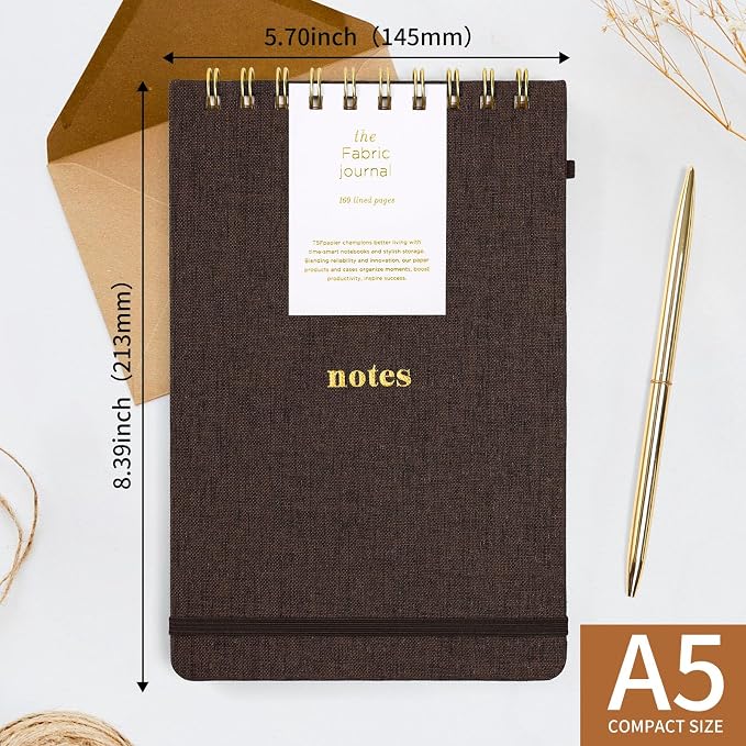 A5 Top Spiral Notebook, Fabric Hardcover College Ruled Journal | 100GSM Paper 160 Lined Pages, 5.7"x8.39" Steno Pads with Elastic Band & Pen Loop, for Work, School Note Taking (Coffee)