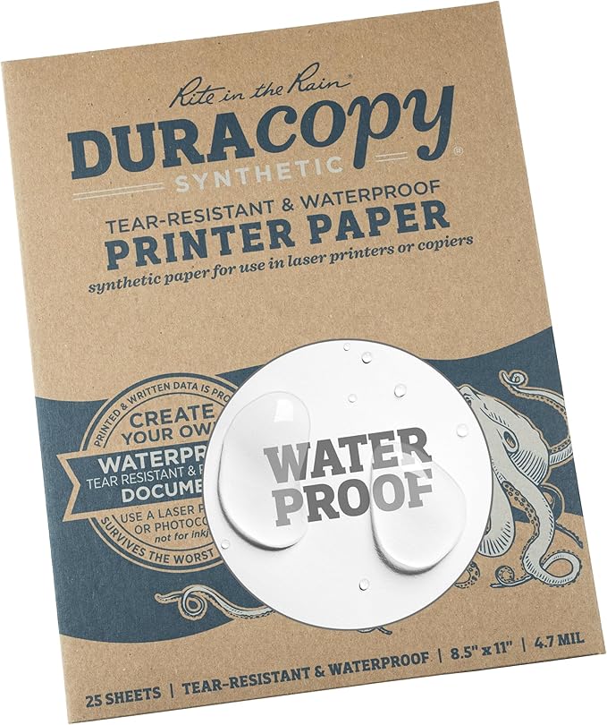 Rite in the Rain Waterproof Copier Paper (DURACOPY), 8.5" x 11", White, 25 Synthetic Sheet Pack (No. 6511-25)