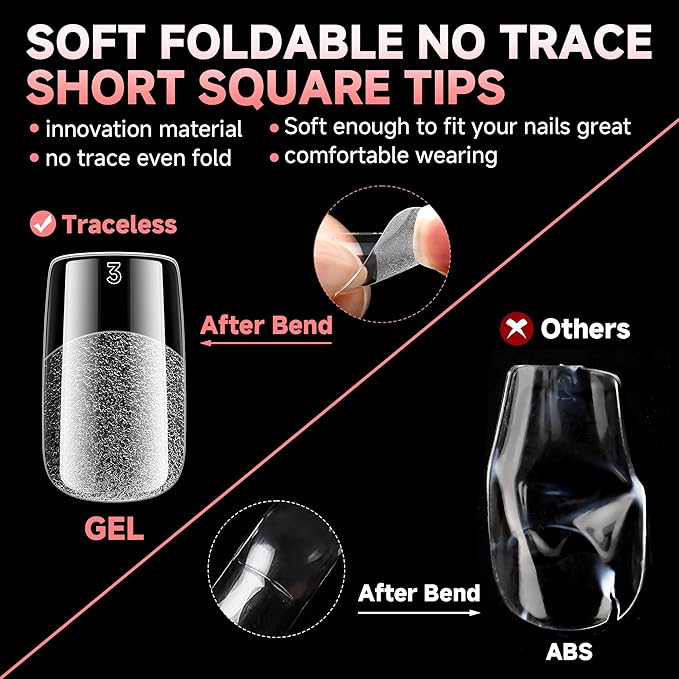 UNA GELLA 600Pcs Short Square Gel Nail Tips, Square Press on Nails Pre Etched Full Cover Soft Gel Nail Tips No C Curve For Women Girl DIY French & Chrome Style Salon At Home 12 Sizes