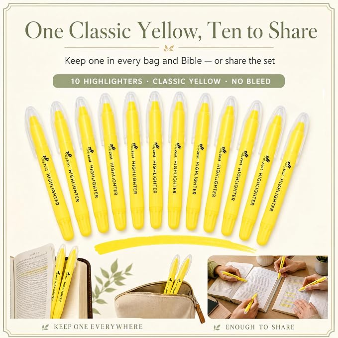 10 Pack Bible Safe Highlighters - Yellow Color, Wax Highlighters | No Bleed, Scripture Markers for Journaling, Study Accessories and School Supplies