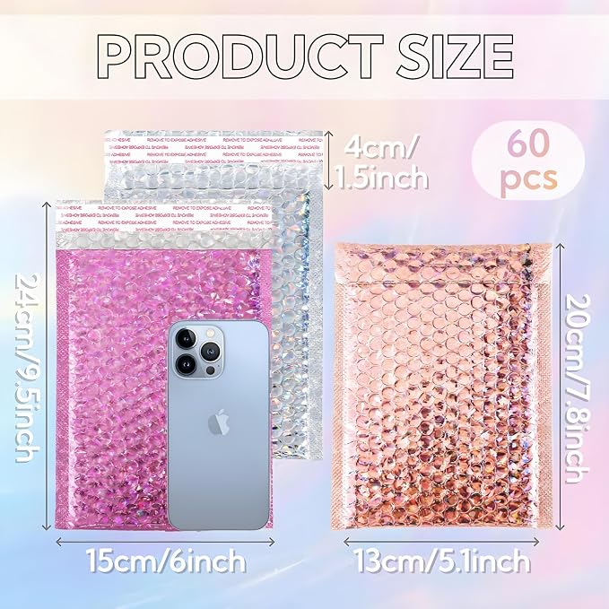 ZAVOOS 60 Pack Holographic Bubble Mailers, 6 x 9.5 Inch | Self Seal Metallic Poly Padded Envelopes, Waterproof Cushioning Shipping Bags for Packing, Mailing, Small Business, 3 Colors