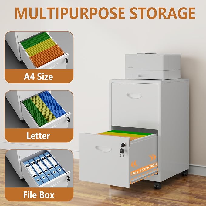 Polup 2 Drawer Rolling File Cabinet with Lock for Home Office | Metal Mobile Filing Cabinet on Wheels, Small Under Desk Storage, Fits Hanging Letter Size, Printer Stand, White