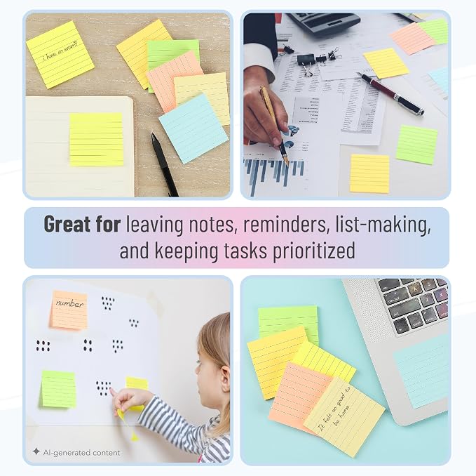 Mr. Pen- Lined Sticky Notes, 3" x 3", 6 Pads, 45 Sheets/Pad | Sticky Notes with Lines, Ruled Post Stickies, Memo Pads, Self-Stick Note Pad for Office, School, Home, Study